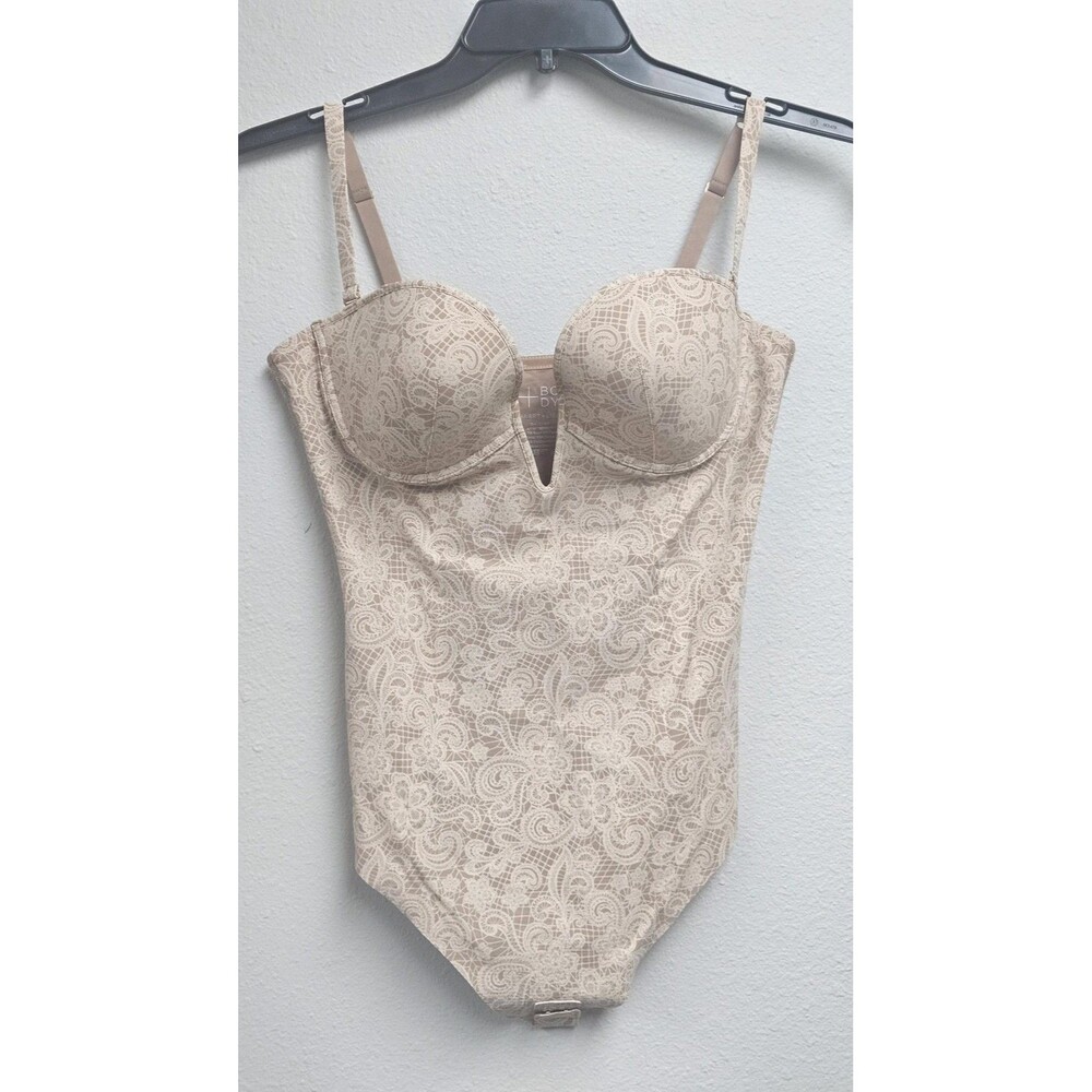 +Body Haart+Lieu Bodysuit Womens Large 36C Beige Lace Print Underwire Shapewear